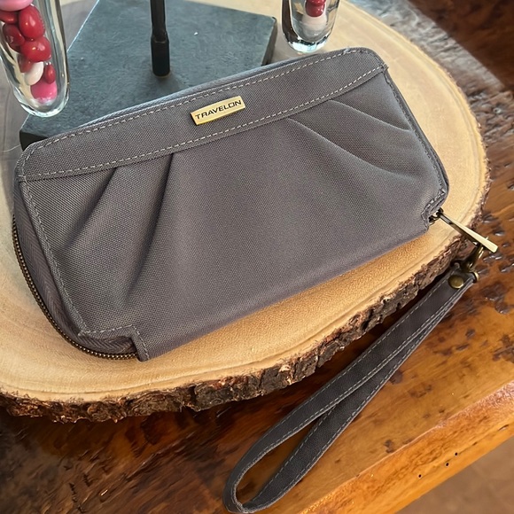 Travelon Handbags - Travelon Nylon Travel Zip Around Wallet Wristlet RFID Protection Gray, purple